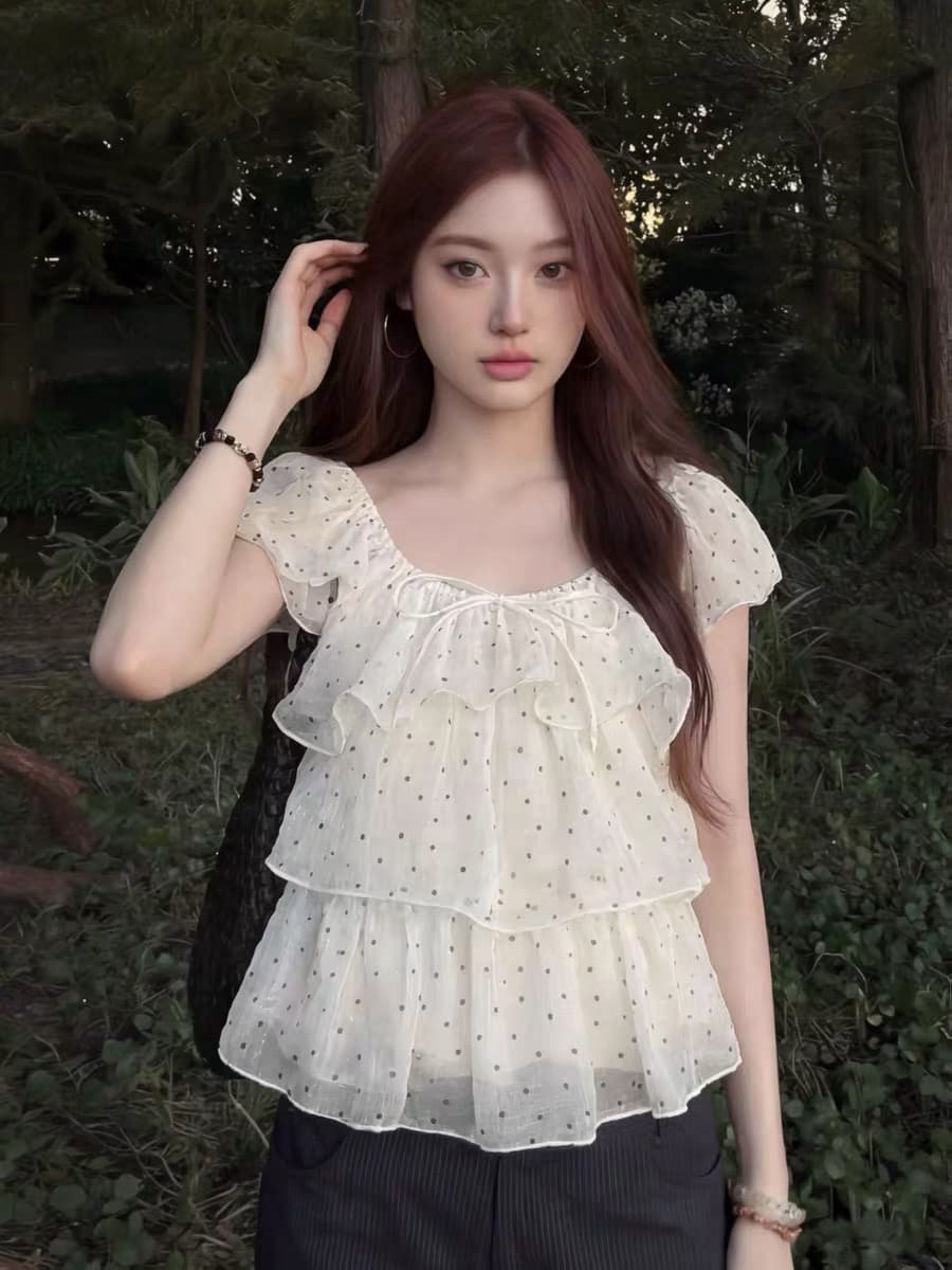 프랑스식 품격 도트 무늬 레이스업 연꽃 잎 소매 쉬폰 여성 셔츠 여름 디자인 센스 프릴 치마 반팔 맨위 이미지 3