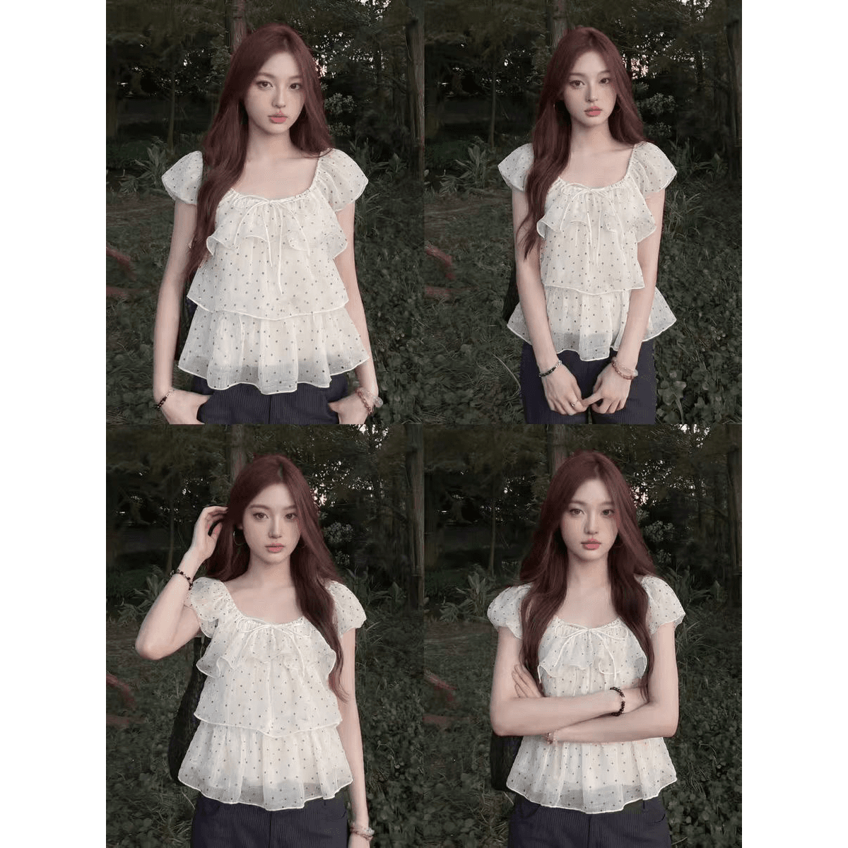 프랑스식 품격 도트 무늬 레이스업 연꽃 잎 소매 쉬폰 여성 셔츠 여름 디자인 센스 프릴 치마 반팔 맨위 이미지 5