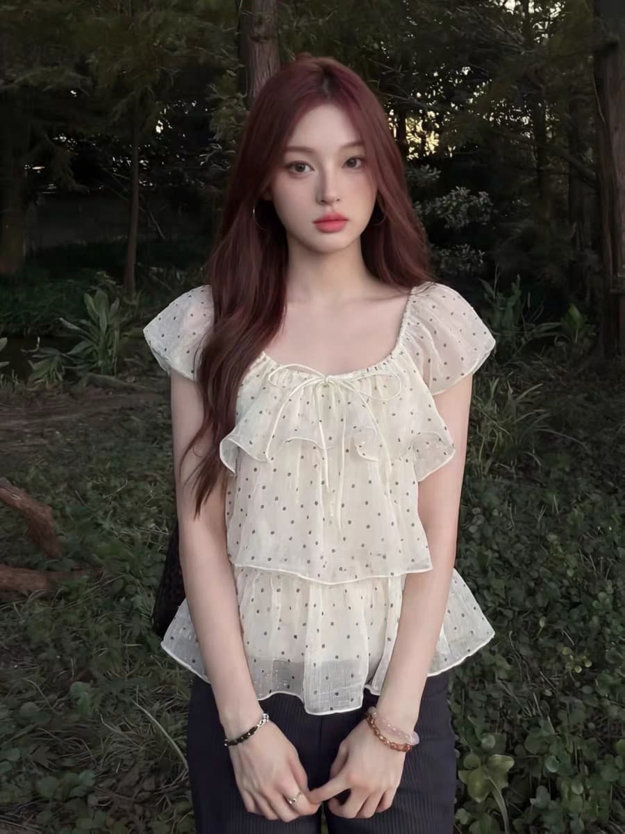 프랑스식 품격 도트 무늬 레이스업 연꽃 잎 소매 쉬폰 여성 셔츠 여름 디자인 센스 프릴 치마 반팔 맨위 상세 이미지 2