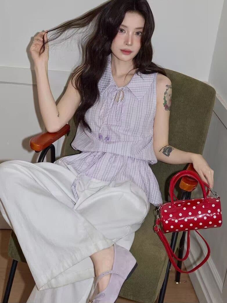 고급 센스 보라색 체크무늬 민소매 여성 셔츠 2026 여름 허리 수축 다용도 슬림해 보이는 펌프 로프 프릴 맨위 상세 이미지 3