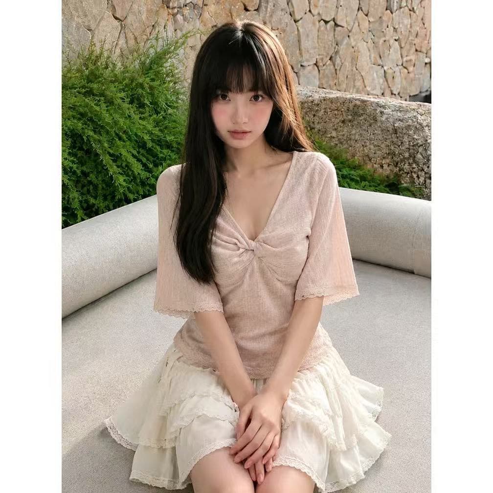 빅 사이즈 여성 의류 부드러운 바람 핑크색 V넥 비틀림 중간 소매 티셔츠 여름 새로운 아름다운 허리 수축 작은 대중 밖으로 조각 맨위 상세 이미지 1