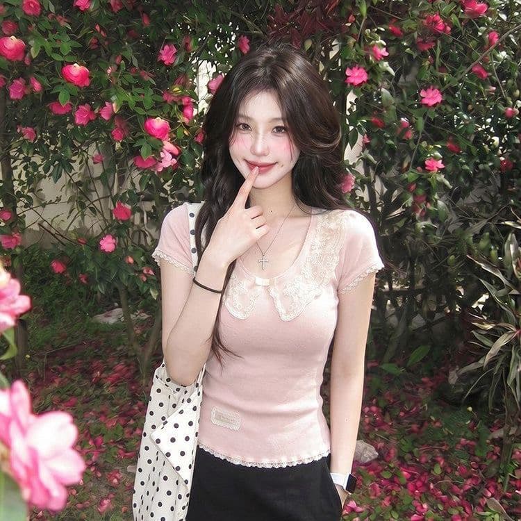 작은 대중 레이스 조각 핑크색 반팔 티셔츠 Chic 외국 가스 여름 새로운 고유 한 몸매 가꾸기 슬림해 보이는 맨위 여성 의류