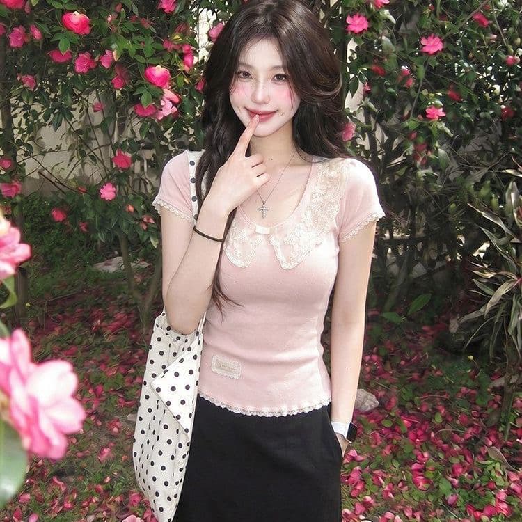 작은 대중 레이스 조각 핑크색 반팔 티셔츠 Chic 외국 가스 여름 새로운 고유 한 몸매 가꾸기 슬림해 보이는 맨위 여성 의류 이미지 4