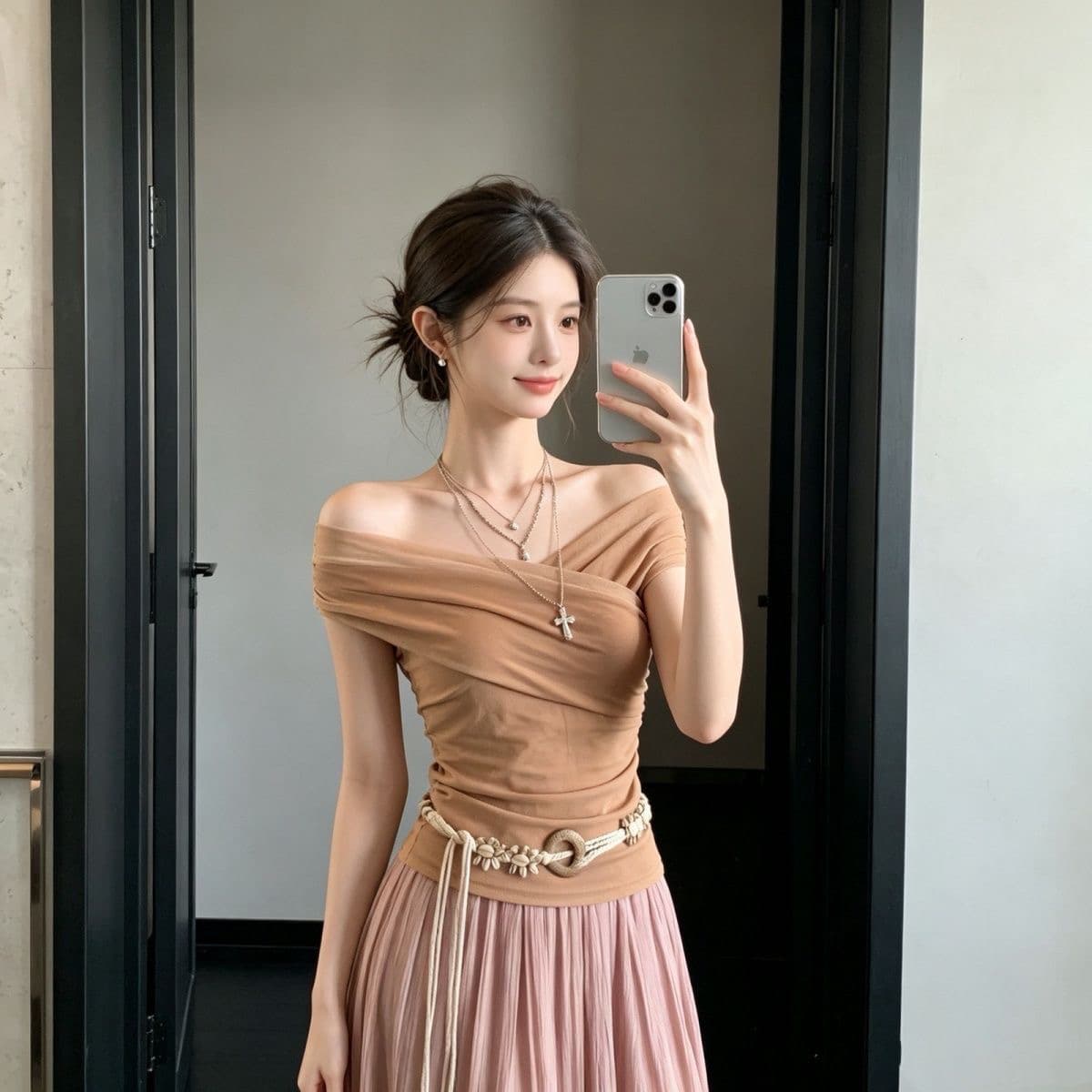 핫걸 디자인 센스 망사 패치워크 반팔 티셔츠 여성 여름 새로운 주름 몸매 가꾸기 슬림해 보이는 오프숄더 한 첨부 된 의류 상세 이미지 2