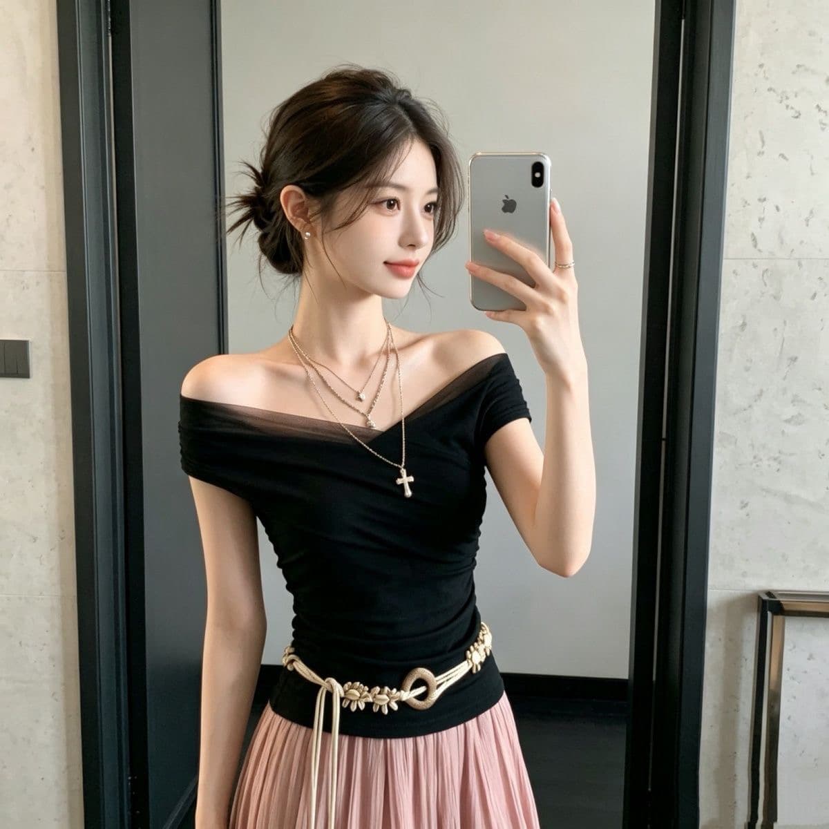 핫걸 디자인 센스 망사 패치워크 반팔 티셔츠 여성 여름 새로운 주름 몸매 가꾸기 슬림해 보이는 오프숄더 한 첨부 된 의류 상세 이미지 9