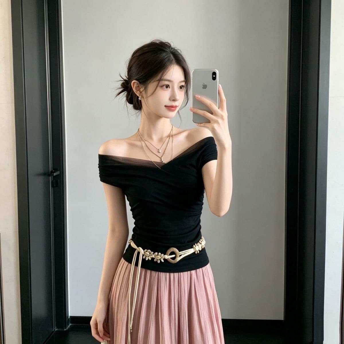 핫걸 디자인 센스 망사 패치워크 반팔 티셔츠 여성 여름 새로운 주름 몸매 가꾸기 슬림해 보이는 오프숄더 한 첨부 된 의류 상세 이미지 10