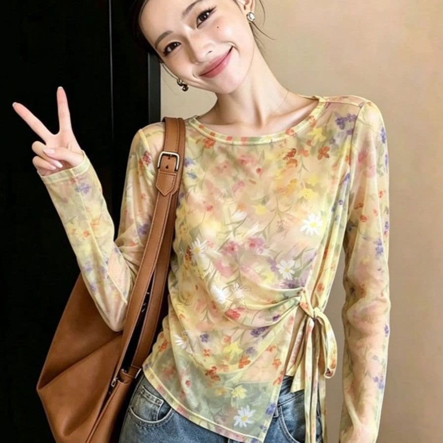 불규칙 홀치기 염색 프린트 슬림해 보이는 스트랩 티셔츠 여름 얇은 스타일 자외선 차단 블라우스 품격 Chic 망사 맨위 여성 이미지 4