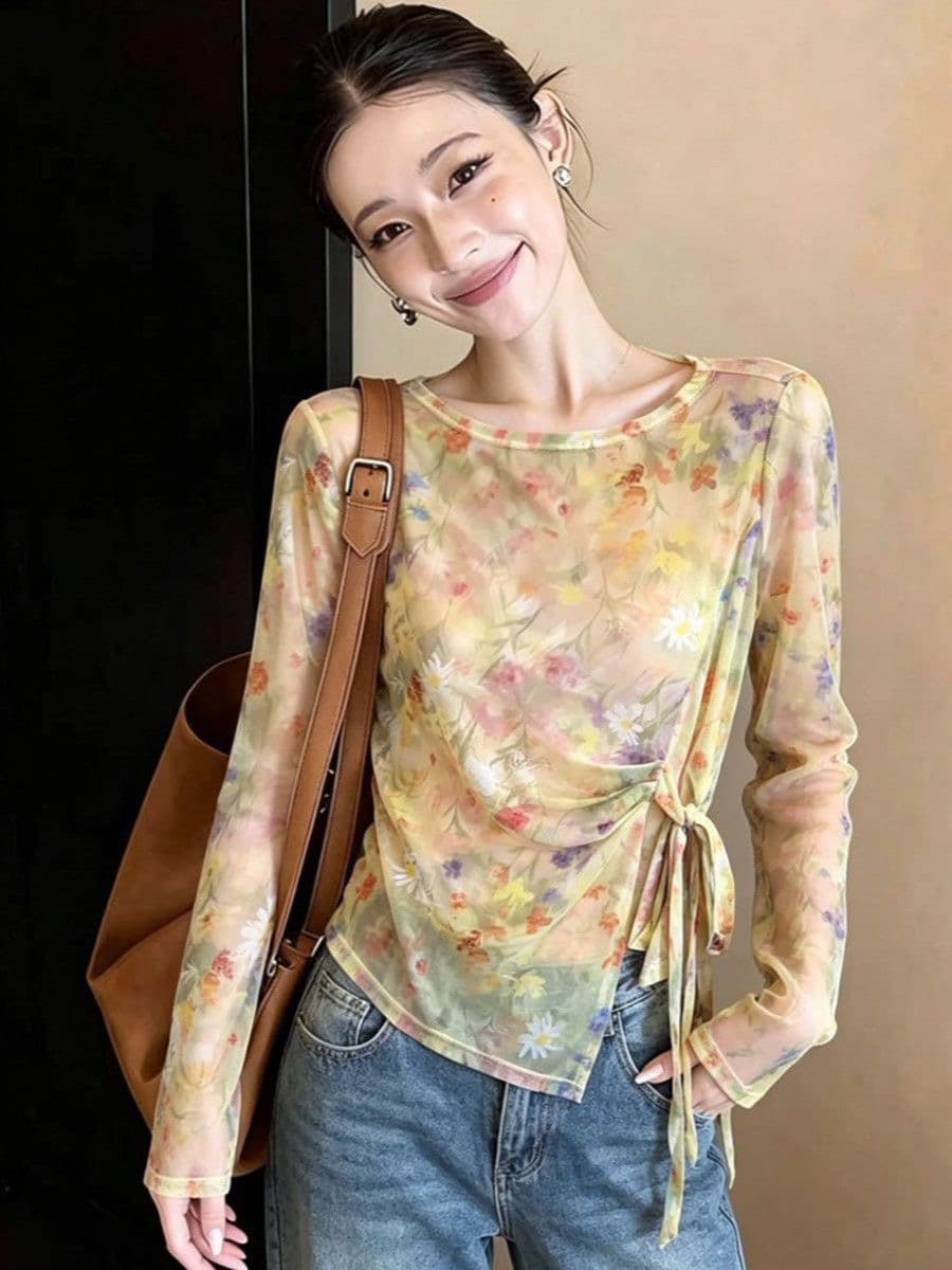 불규칙 홀치기 염색 프린트 슬림해 보이는 스트랩 티셔츠 여름 얇은 스타일 자외선 차단 블라우스 품격 Chic 망사 맨위 여성 상세 이미지 2