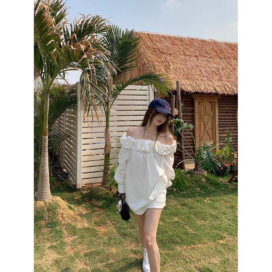 프랑스식 부드러운 바람 오프숄더 꽃밭 긴팔 셔츠 여성 의류 봄 루즈핏 슬림해 보이는 긴팔 셔츠 화이트 맨위 상세 이미지 3