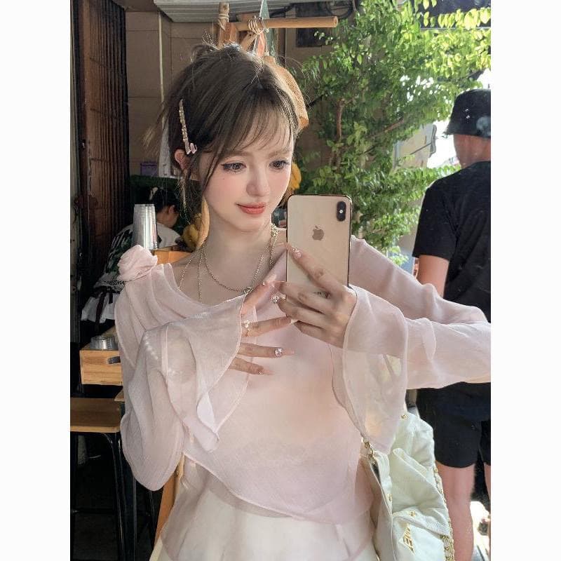 acaine 부드러운 안개 장미 단색 나팔 소매 긴팔 시폰 셔츠 여성 봄 프랑스식 품격 작은 대중 맨위