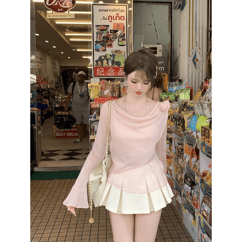 acaine 부드러운 안개 장미 단색 나팔 소매 긴팔 시폰 셔츠 여성 봄 프랑스식 품격 작은 대중 맨위 이미지 5