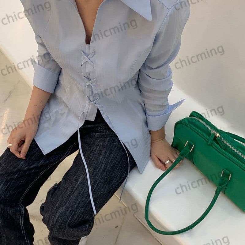 chictang2022 가을 캐주얼 부드러운 chic 바람 한국 스타일 루즈핏 파란색 십자가 스트랩 여성 셔츠 크리스틴 배 이미지 3