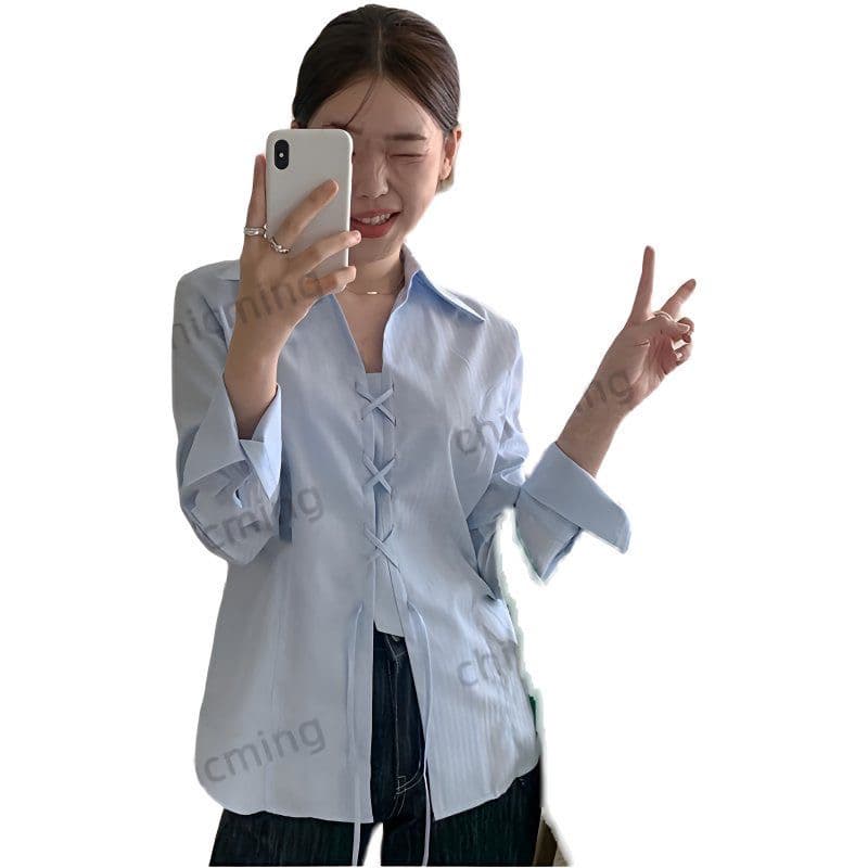 chictang2022 가을 캐주얼 부드러운 chic 바람 한국 스타일 루즈핏 파란색 십자가 스트랩 여성 셔츠 크리스틴 배 이미지 5