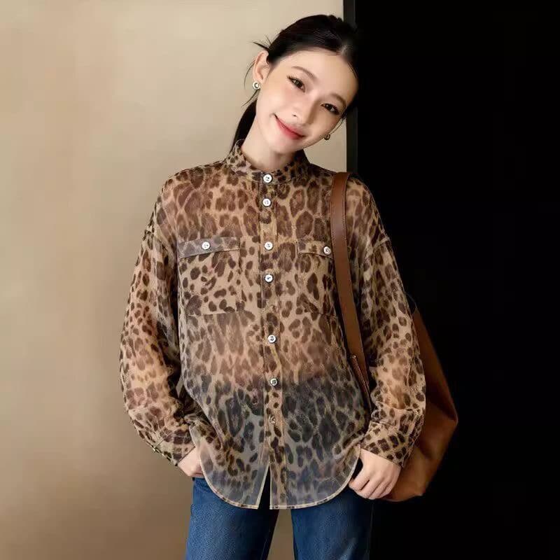 레트로 레오파드 무늬 스탠드 칼라 긴팔 여성 셔츠 봄 루즈핏 느긋한 바람 디자인 센스 작은 대중 고급 센스 품격 맨위 이미지 2