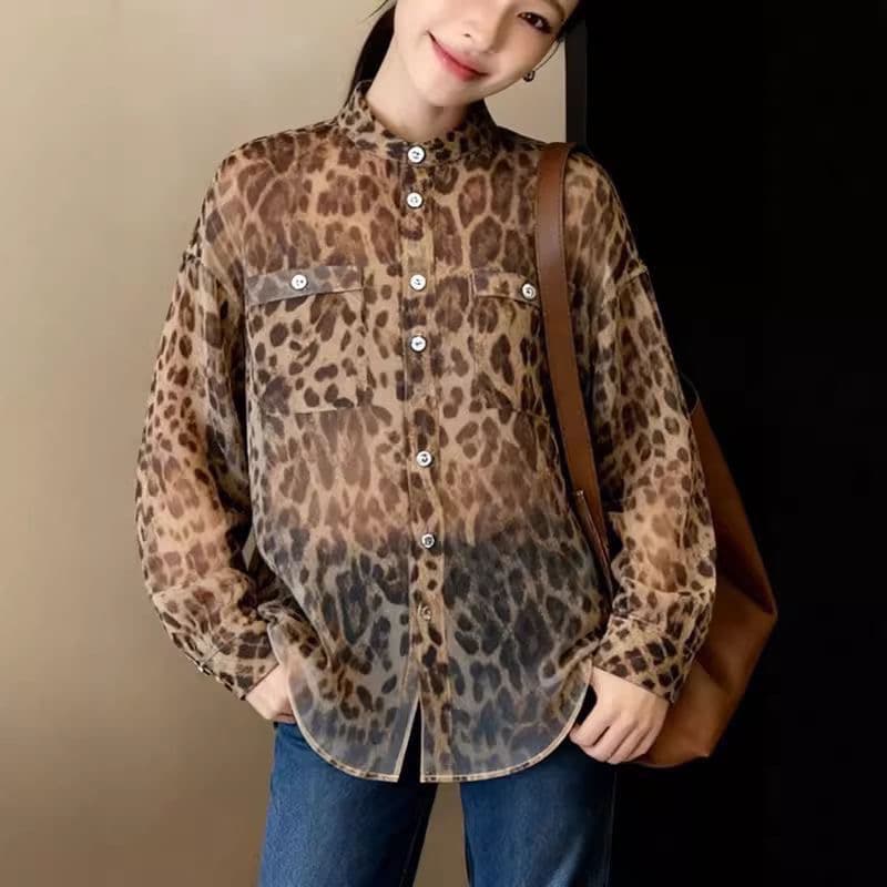 레트로 레오파드 무늬 스탠드 칼라 긴팔 여성 셔츠 봄 루즈핏 느긋한 바람 디자인 센스 작은 대중 고급 센스 품격 맨위 이미지 4