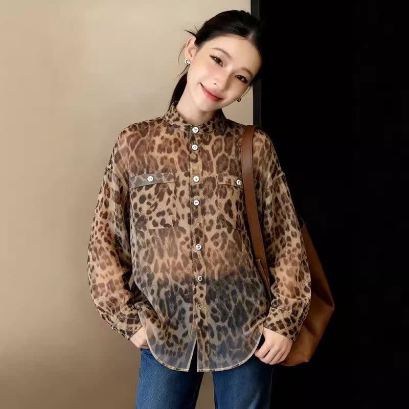 레트로 레오파드 무늬 스탠드 칼라 긴팔 여성 셔츠 봄 루즈핏 느긋한 바람 디자인 센스 작은 대중 고급 센스 품격 맨위 상세 이미지 3