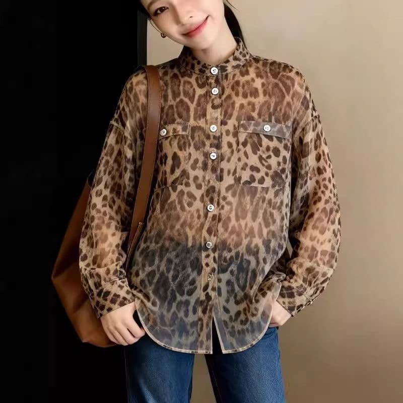 레트로 레오파드 무늬 스탠드 칼라 긴팔 여성 셔츠 봄 루즈핏 느긋한 바람 디자인 센스 작은 대중 고급 센스 품격 맨위 상세 이미지 5