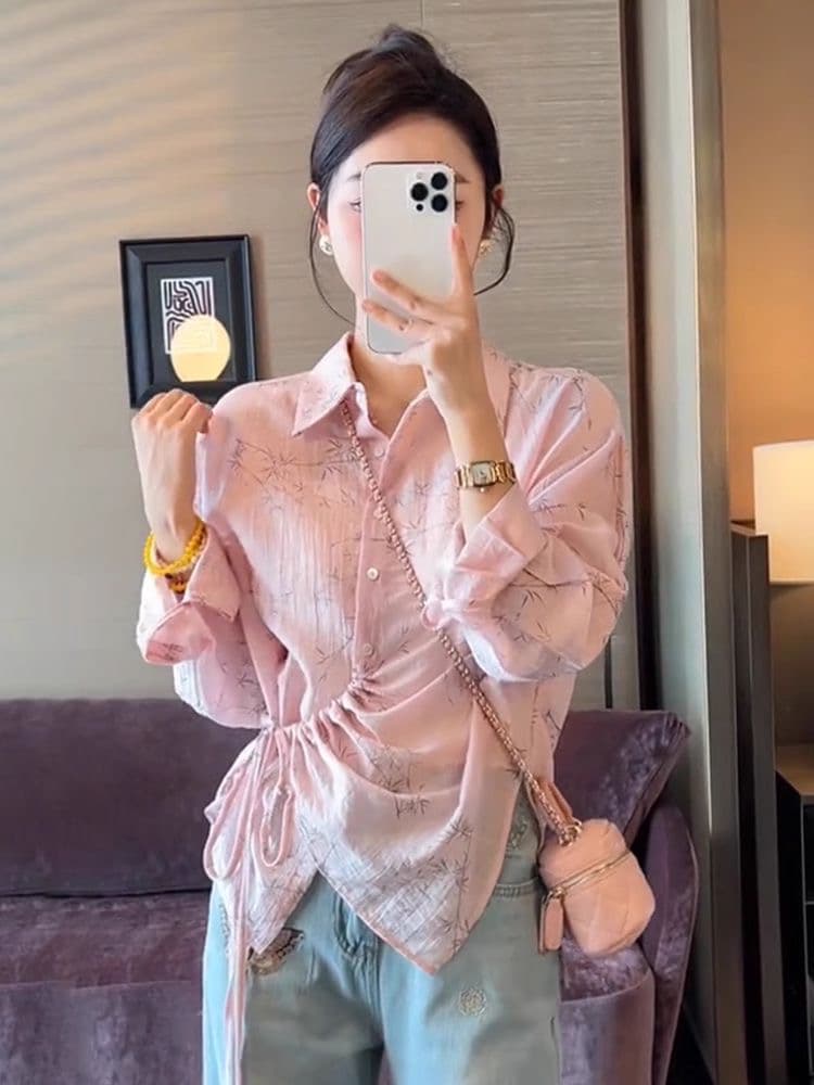 여성 의류 POLO 칼라 얼음 실크 인쇄 꽃에서 국풍 자외선 차단 셔츠 얇고 가벼운 불규칙 허리 수축 맨위 숄 경기 치마 상세 이미지 3
