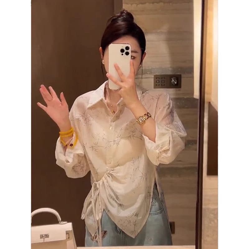 여성 의류 POLO 칼라 얼음 실크 인쇄 꽃에서 국풍 자외선 차단 셔츠 얇고 가벼운 불규칙 허리 수축 맨위 숄 경기 치마 상세 이미지 6