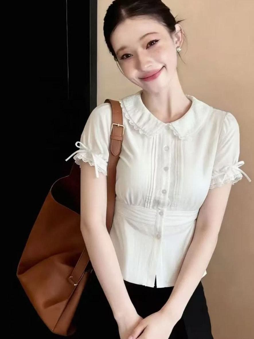 핫걸 허리 수축 거품 소매 셔츠 반팔 프랑스식 꼬집기 허리 위로 의류 슬림해 보이는 2026 여름 순수한 욕망 베이비 칼라 작은 셔츠 이미지 4