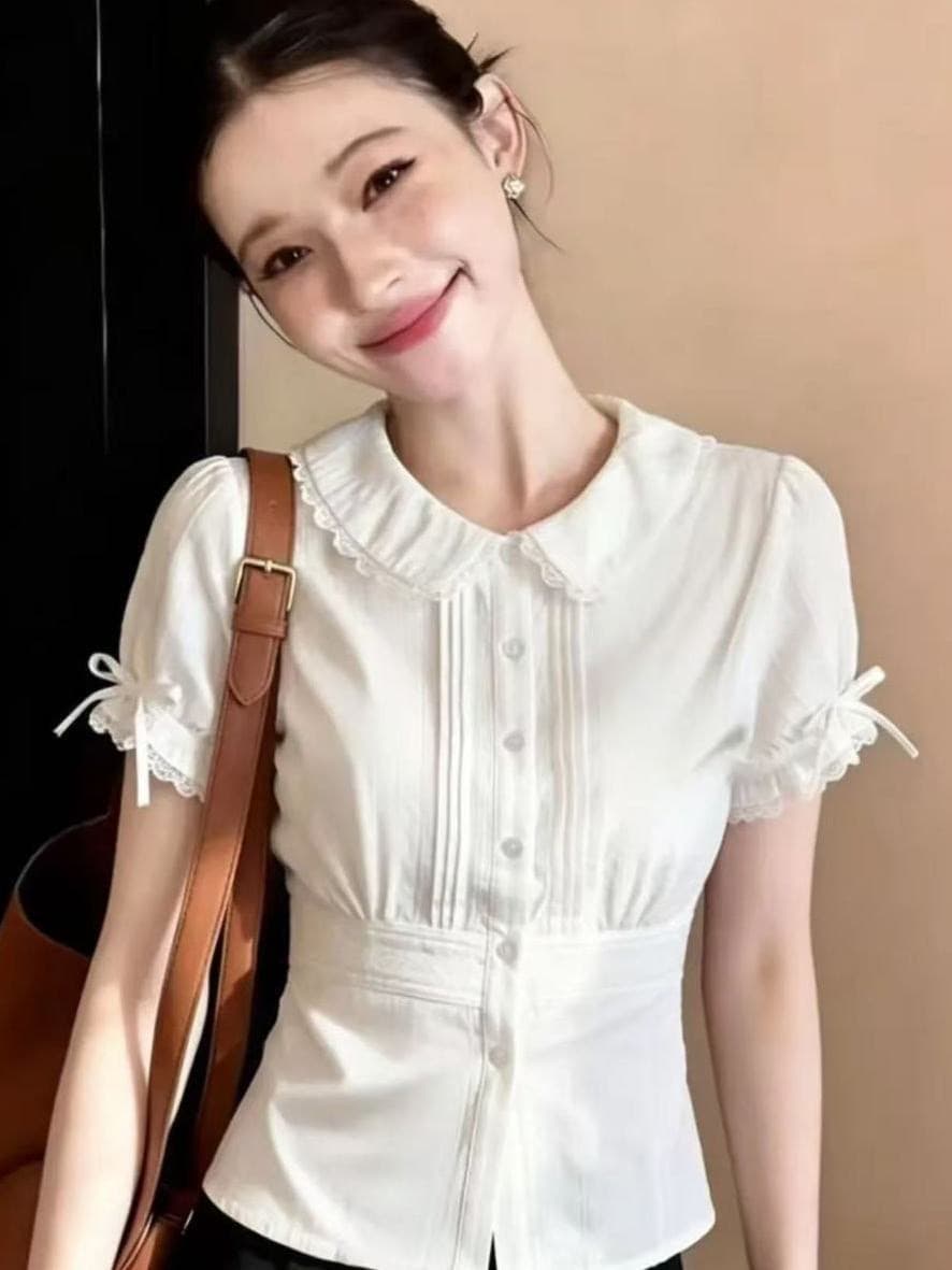 핫걸 허리 수축 거품 소매 셔츠 반팔 프랑스식 꼬집기 허리 위로 의류 슬림해 보이는 2026 여름 순수한 욕망 베이비 칼라 작은 셔츠 상세 이미지 5