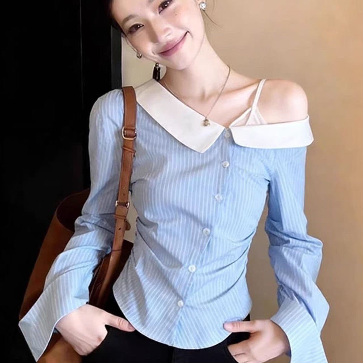 2026 이른 봄 새로운 한 부서 chic Chic 오프숄더 스트라이프 여성 셔츠 허리 수축 슬림해 보이는 품격 출퇴근 맨위 상세 이미지 1