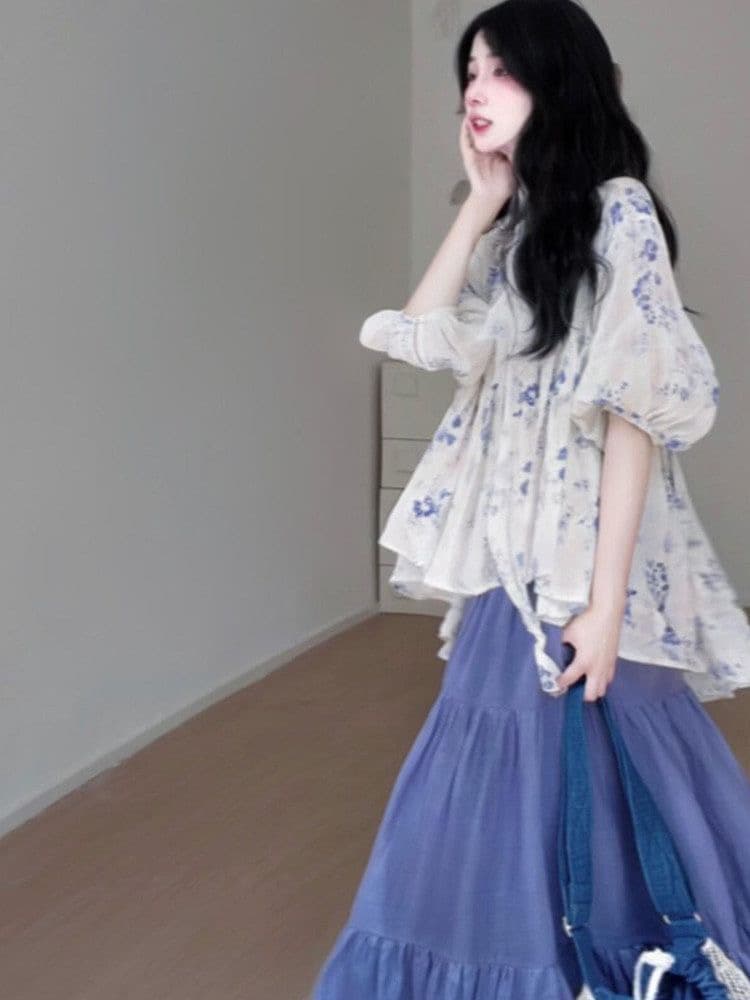 한 부서 부드러운 바람 루즈핏 표지 미트볼 칼라 중간 소매 꽃무늬 여성 셔츠 여름 새로운 하이웨이스트 반신 스커트 투피스 세트 이미지 2