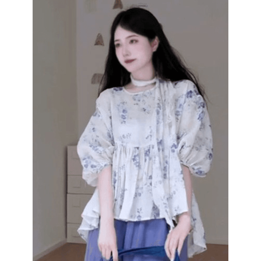 한 부서 부드러운 바람 루즈핏 표지 미트볼 칼라 중간 소매 꽃무늬 여성 셔츠 여름 새로운 하이웨이스트 반신 스커트 투피스 세트 이미지 5