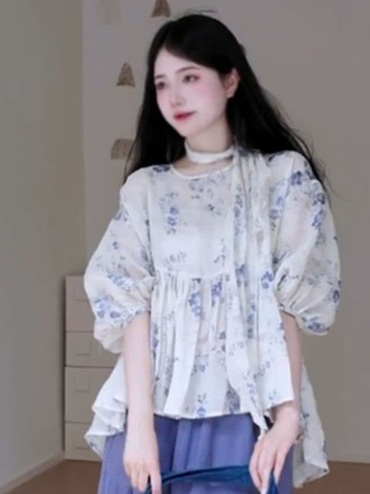 한 부서 부드러운 바람 루즈핏 표지 미트볼 칼라 중간 소매 꽃무늬 여성 셔츠 여름 새로운 하이웨이스트 반신 스커트 투피스 세트 상세 이미지 5