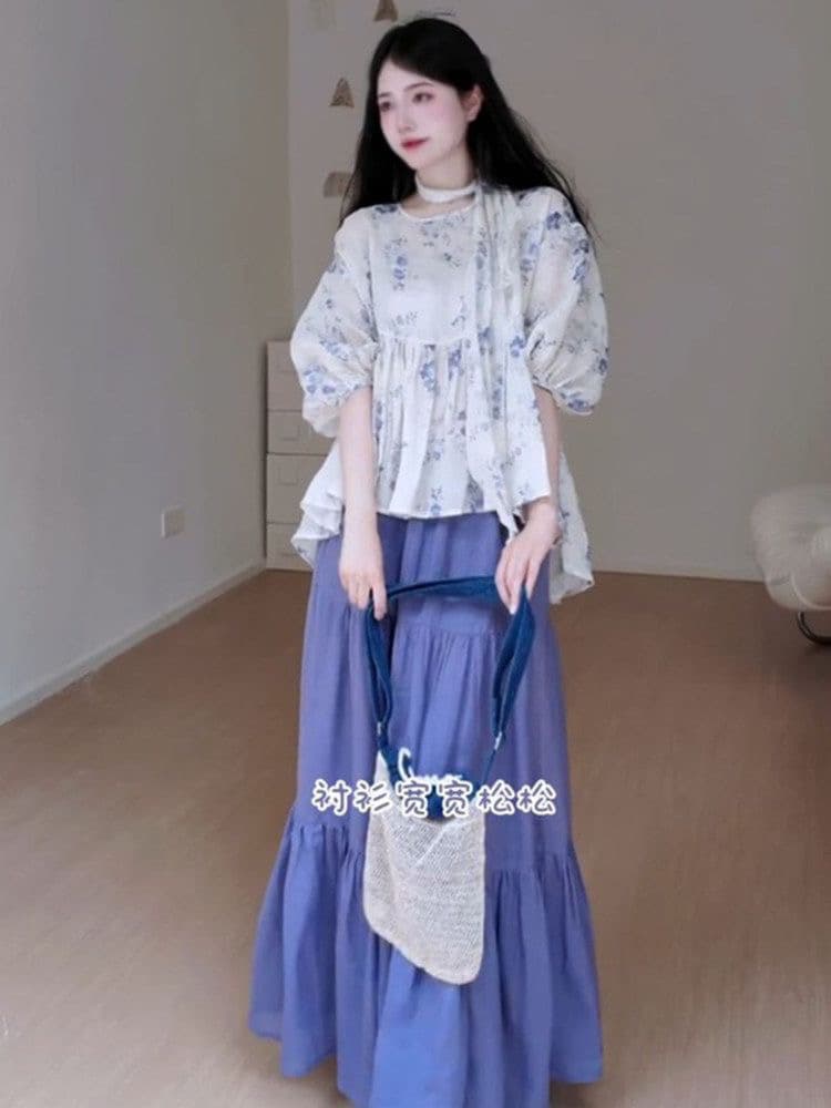한 부서 부드러운 바람 루즈핏 표지 미트볼 칼라 중간 소매 꽃무늬 여성 셔츠 여름 새로운 하이웨이스트 반신 스커트 투피스 세트 상세 이미지 6