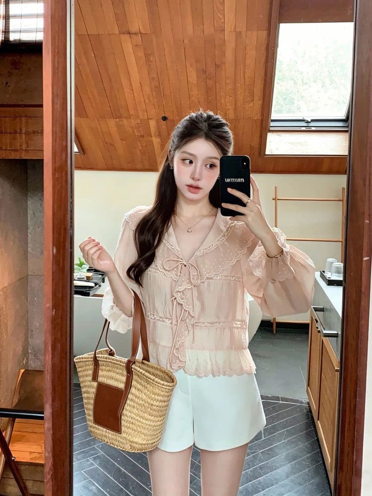 프랑스식 레이스 레이스 레이스 업 셔츠 연령 감소 해군 칼라 맨위 여성 여름 긴팔 자외선 차단 작은 셔츠 이미지 3
