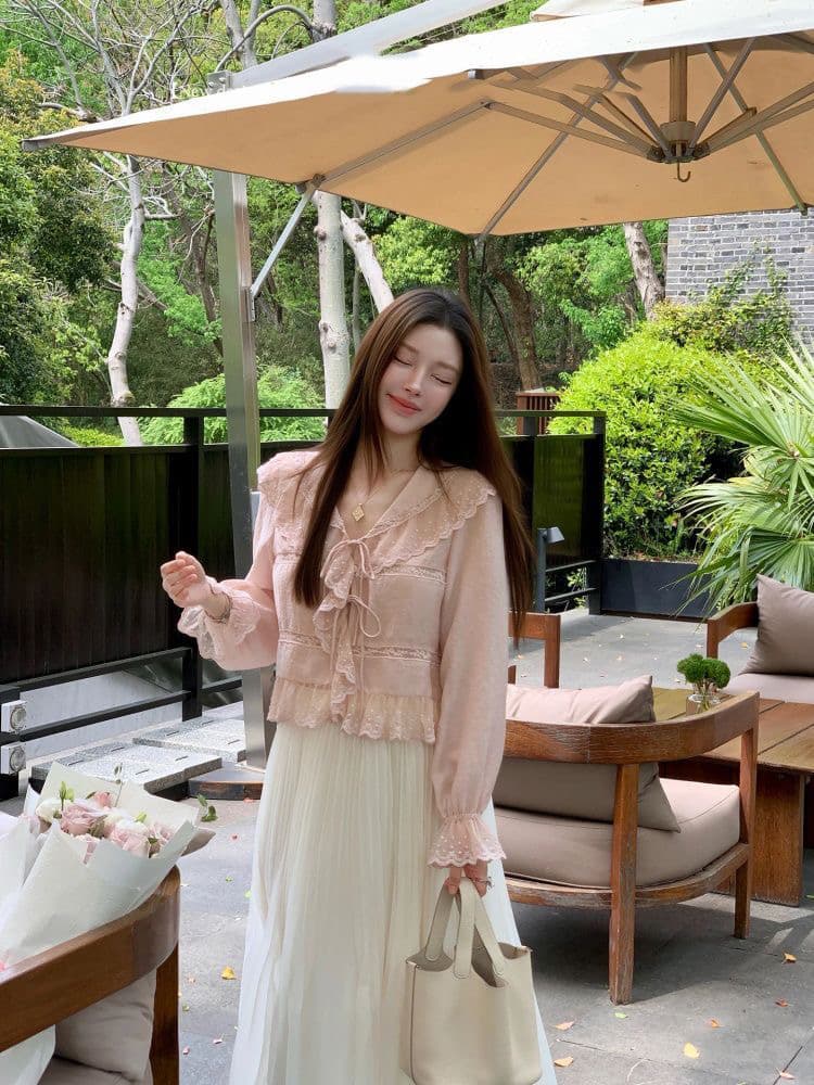 프랑스식 레이스 레이스 레이스 업 셔츠 연령 감소 해군 칼라 맨위 여성 여름 긴팔 자외선 차단 작은 셔츠 상세 이미지 2
