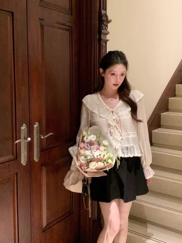 프랑스식 레이스 레이스 레이스 업 셔츠 연령 감소 해군 칼라 맨위 여성 여름 긴팔 자외선 차단 작은 셔츠 상세 이미지 5