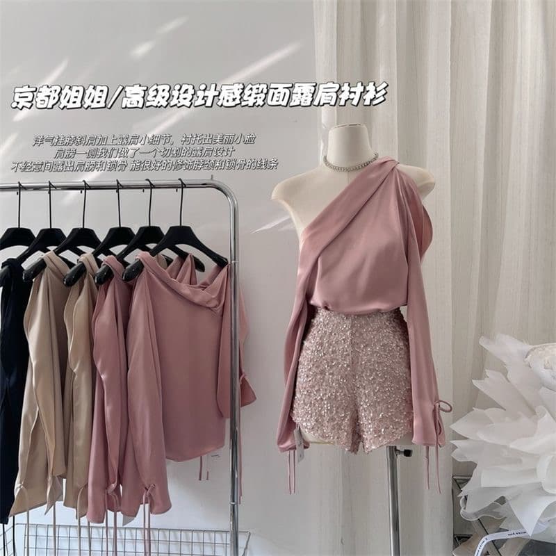 프랑스식 핑크색 오프숄더 긴팔 여성 셔츠 가을 순수한 욕망 바람 작은 대중 디자인 고급 센스 셔츠 고급 새틴 맨위 상세 이미지 4