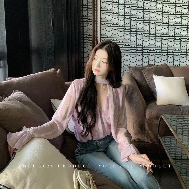 보라색 V넥 꽃무늬 리본 쉬폰 블라우스 프린트 슈퍼 요정 캐주얼 작은 샤넬 스타일 작은 대중 맨위 2026 년 새로운 상세 이미지 5
