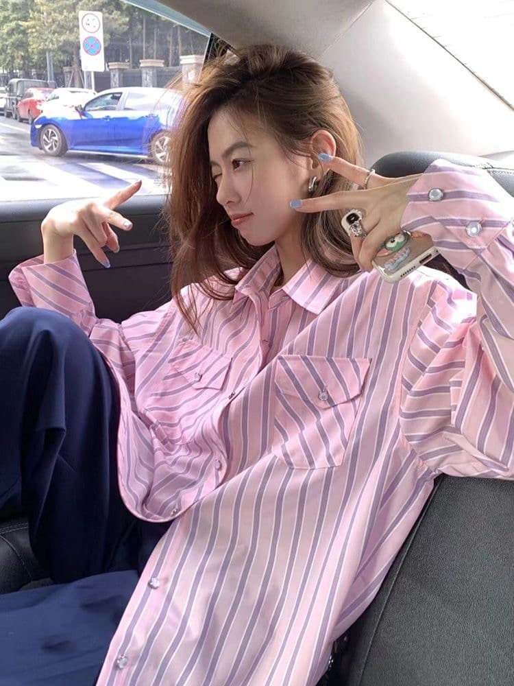 가을 새로운 한국 스타일 루즈핏 슬림해 보이는 고급 센스 핑크색 스트라이프 셔츠 맨위 여성 디자인 센스 작은 대중 긴팔 얇은 상세 이미지 2