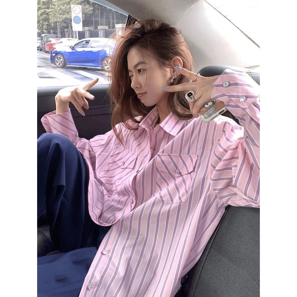 가을 새로운 한국 스타일 루즈핏 슬림해 보이는 고급 센스 핑크색 스트라이프 셔츠 맨위 여성 디자인 센스 작은 대중 긴팔 얇은 이미지 5