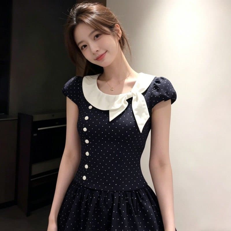 품격 달콤함 프랑스식 검정색 도트 무늬 여성 드레스 여름 새로운 거품 소매 허리 수축 슬림해 보이는 한 마디 미니 스커트 여성 상세 이미지 3