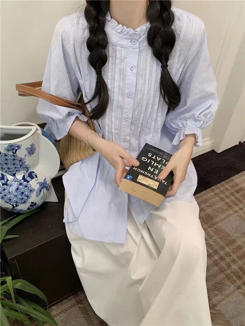 우유 파란색 느긋한 반팔 여성 셔츠 봄 여름 새로운 루즈핏 디자인 센스 작은 대중 거품 소매 셔츠 얇은 스타일 맨위 이미지 4