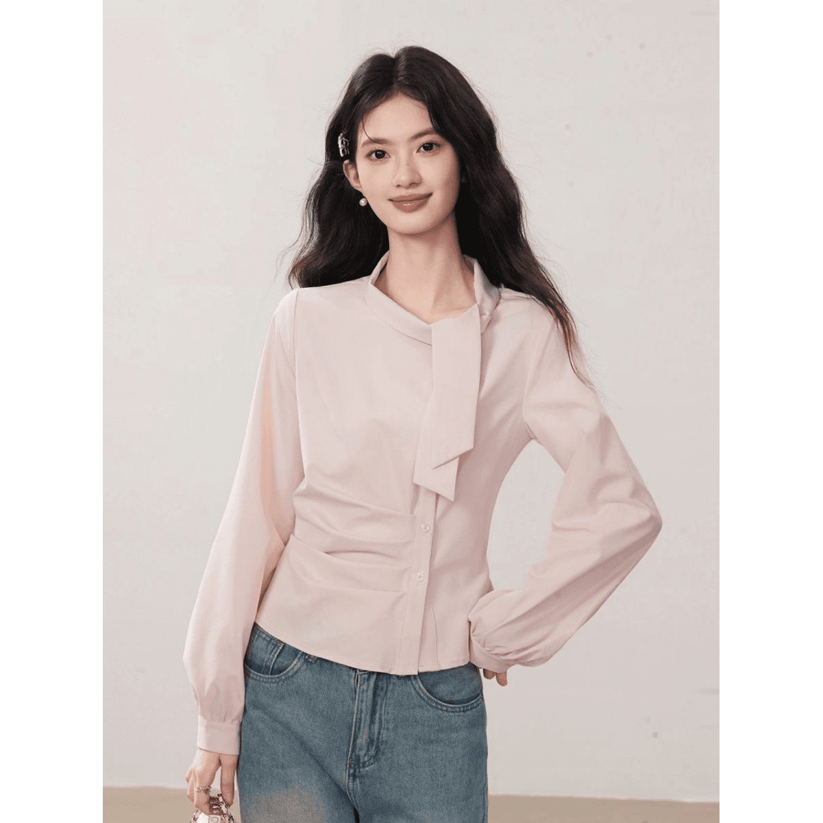 한 부서 다용도 디자인 센스 플리츠 연령 감소 긴팔 여성 셔츠 가을 새로운 불규칙 고유 한 캐주얼 맨위 이미지 5