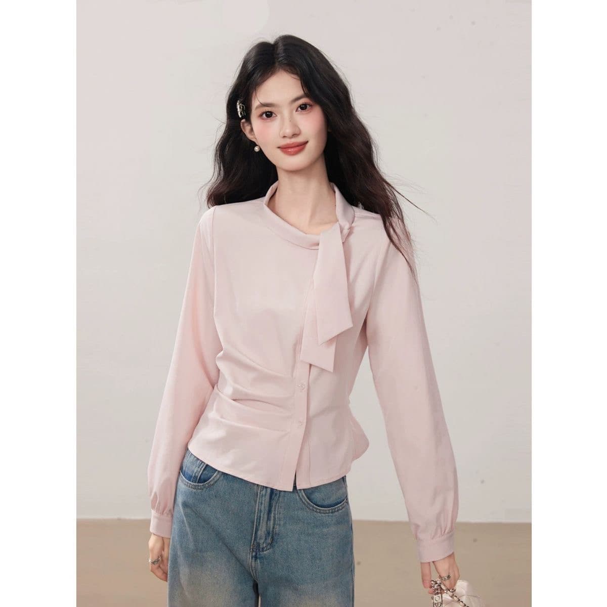 한 부서 다용도 디자인 센스 플리츠 연령 감소 긴팔 여성 셔츠 가을 새로운 불규칙 고유 한 캐주얼 맨위 상세 이미지 1