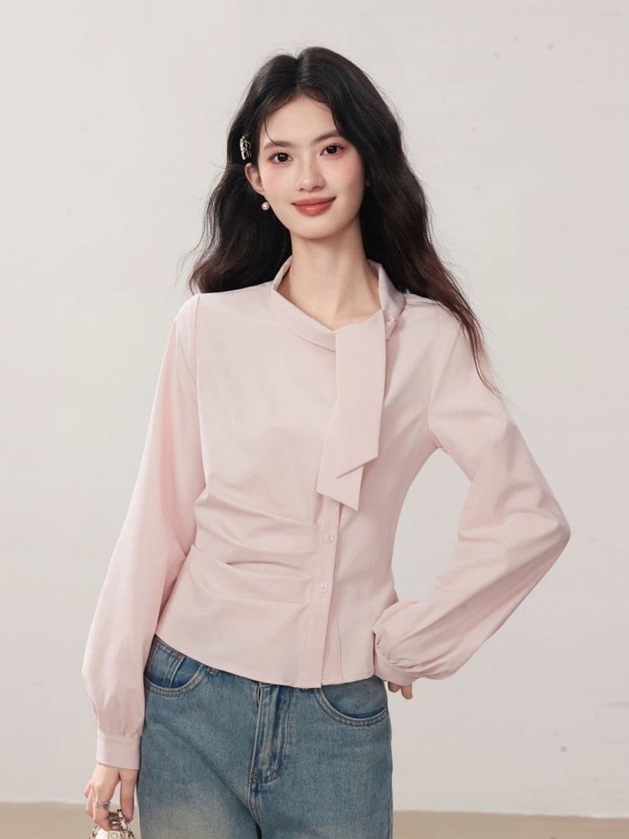 한 부서 다용도 디자인 센스 플리츠 연령 감소 긴팔 여성 셔츠 가을 새로운 불규칙 고유 한 캐주얼 맨위 상세 이미지 3