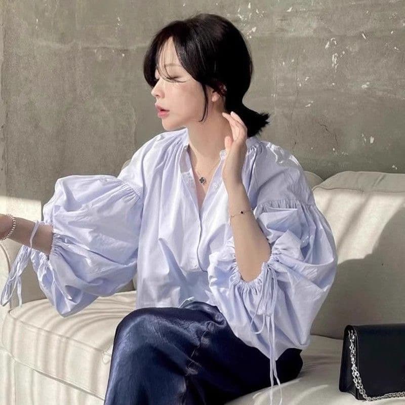 한국 chic 가을 작은 대중 디자인 센스 라운드 넥 작은 단추 레이스업 루즈핏 다용도 벌룬 소매 셔츠 맨위 여성