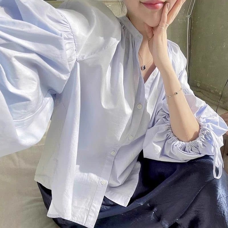 한국 chic 가을 작은 대중 디자인 센스 라운드 넥 작은 단추 레이스업 루즈핏 다용도 벌룬 소매 셔츠 맨위 여성 이미지 2