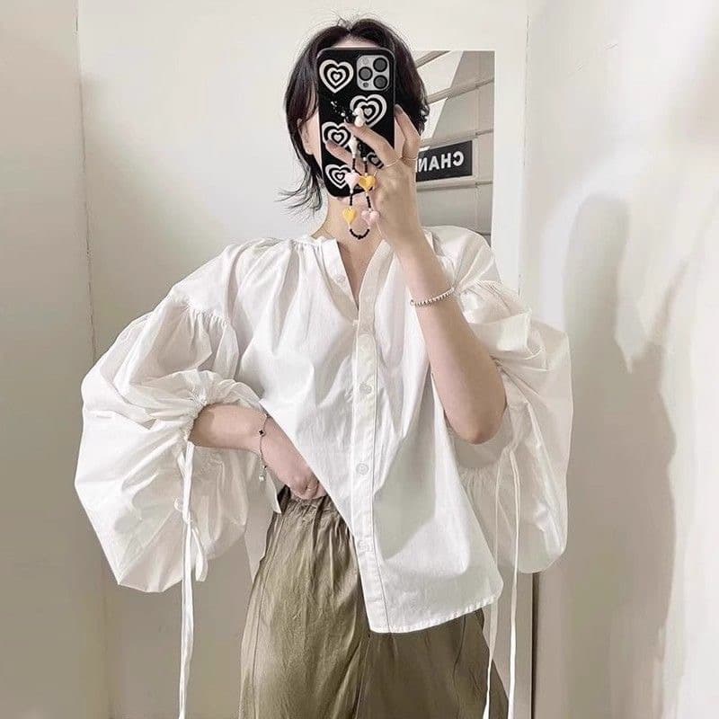 한국 chic 가을 작은 대중 디자인 센스 라운드 넥 작은 단추 레이스업 루즈핏 다용도 벌룬 소매 셔츠 맨위 여성 이미지 3