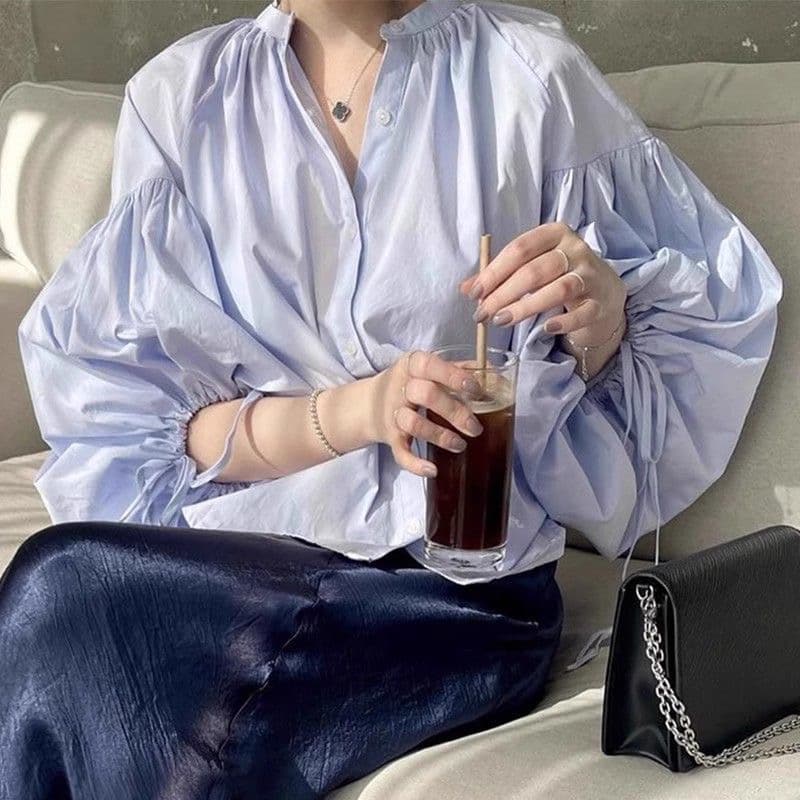 한국 chic 가을 작은 대중 디자인 센스 라운드 넥 작은 단추 레이스업 루즈핏 다용도 벌룬 소매 셔츠 맨위 여성 상세 이미지 5