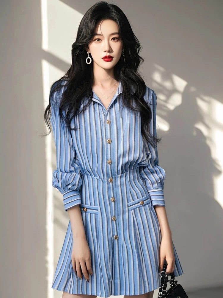 봄 가을 새로운 한 부서 블루 화이트 스트라이프 드레스 골드 버클 허리 수축 슬림해 보이는 거품 소매 레트로 셔츠 드레스 여성 폭발 상세 이미지 1