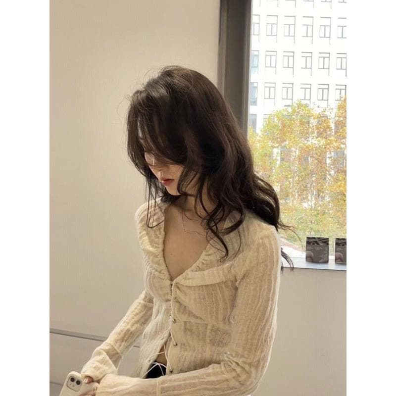 봄 새로운 ins 레트로 디자인 센스 작은 대중 펌프 로프 레이스업 주름 여성 셔츠 몸매 가꾸기 부드러운 품격 맨위 이미지 3