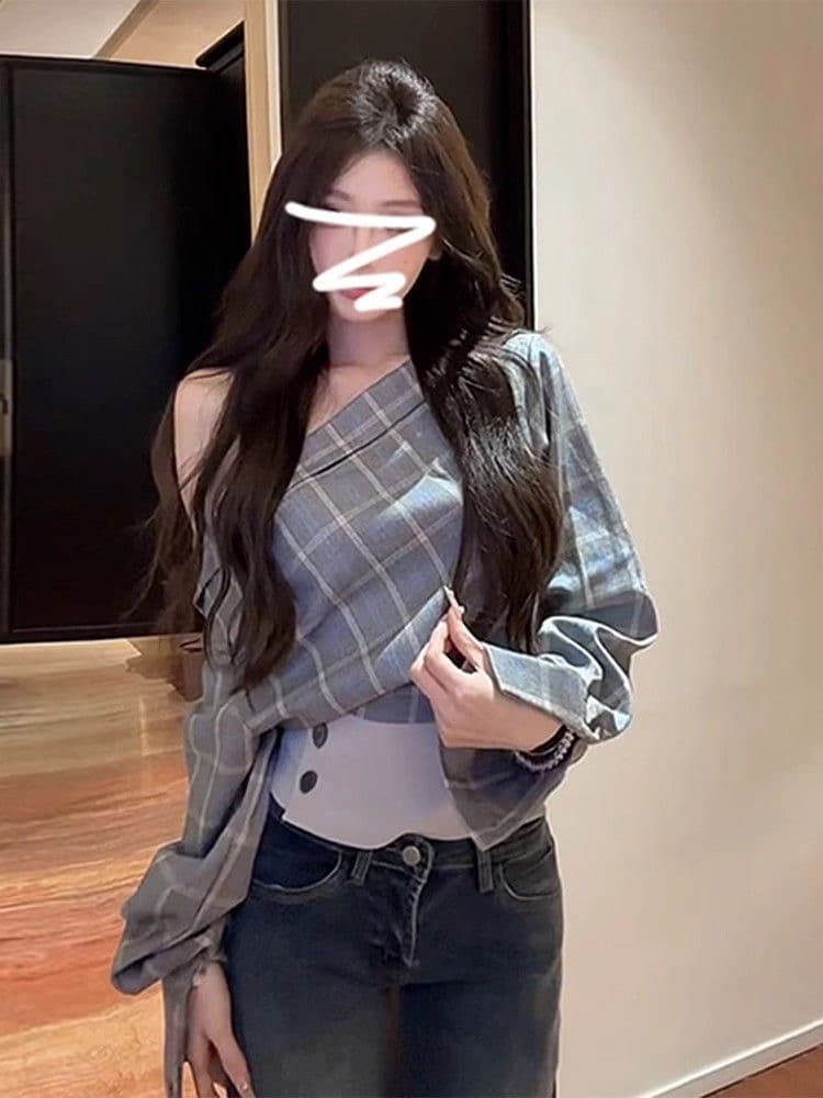 오프숄더 체크무늬 긴팔 티셔츠 여성 2024 새로운 폭발 Chic 고유 한 슈퍼 잘 생긴 조기 가을 비스듬한 어깨 의류 상세 이미지 1