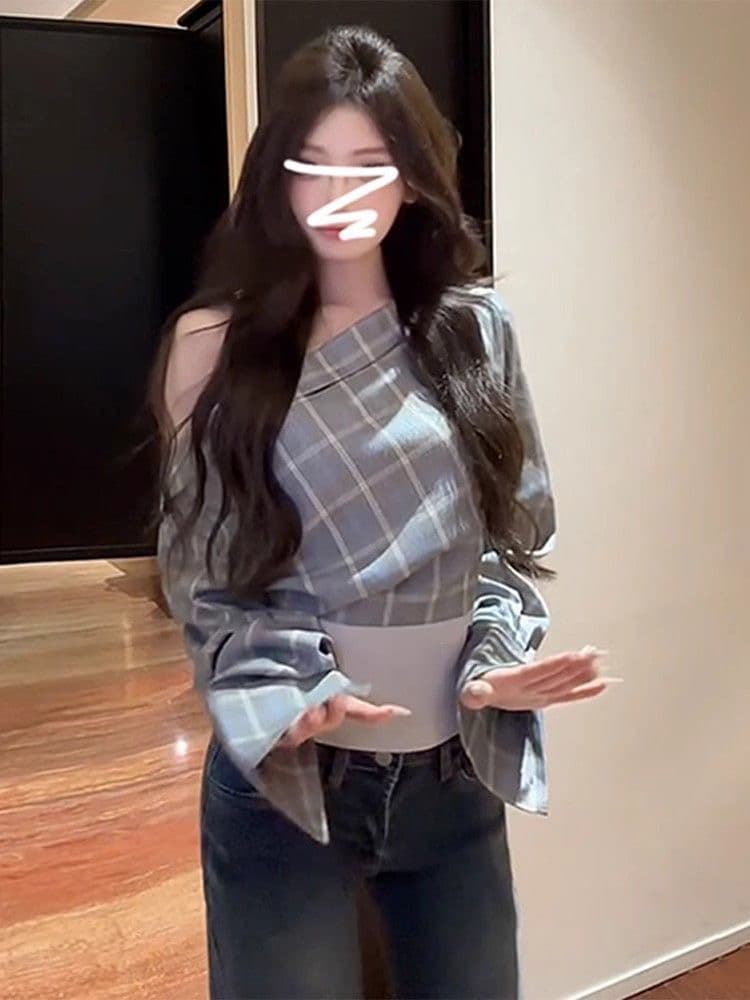 오프숄더 체크무늬 긴팔 티셔츠 여성 2024 새로운 폭발 Chic 고유 한 슈퍼 잘 생긴 조기 가을 비스듬한 어깨 의류 상세 이미지 2